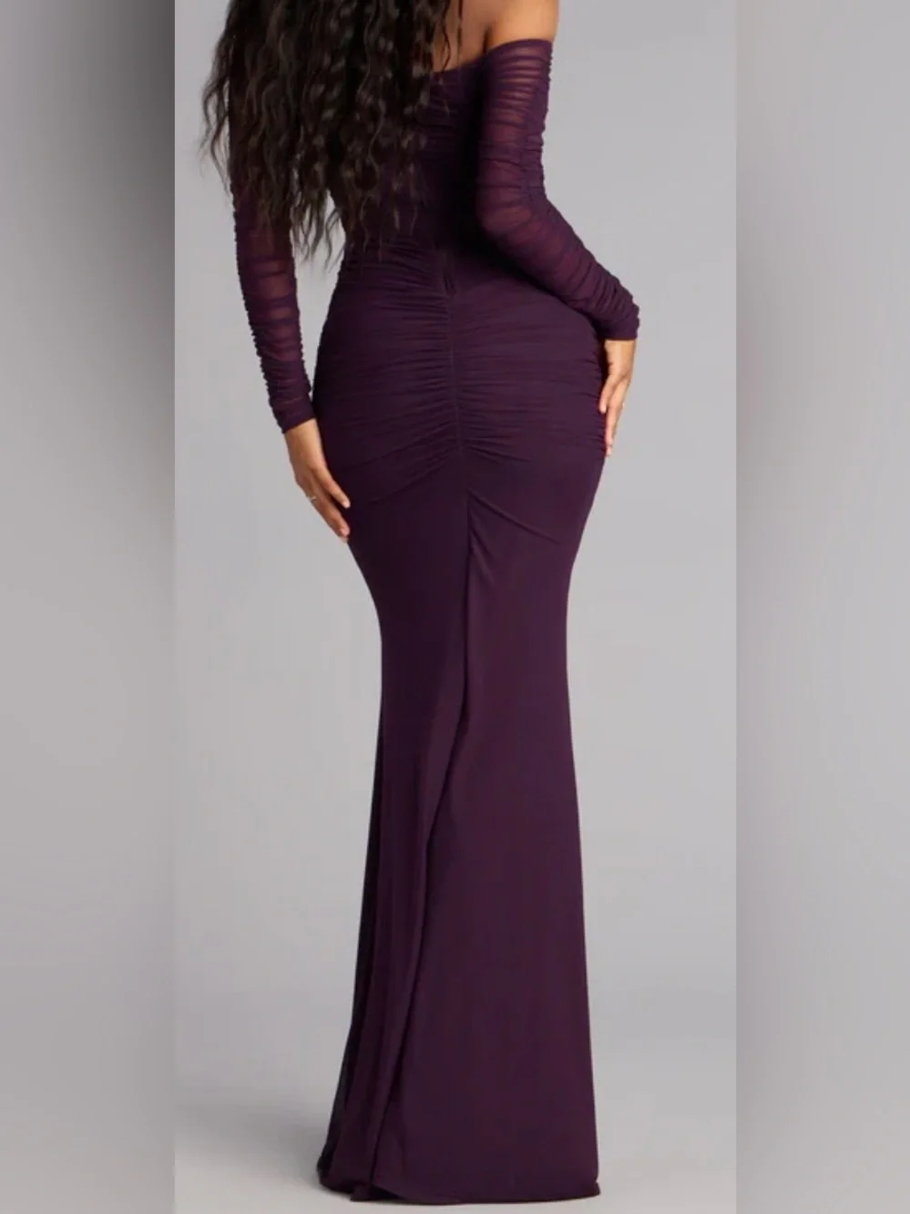 Elegant long sleeve off the shoulder deep purple formal dress - Picture 7 of 7